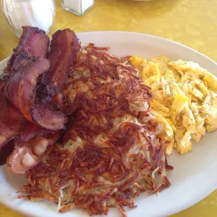 bacon, hash browns, and eggs