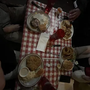 Chicken fried steak, pork chop, chicken, burger