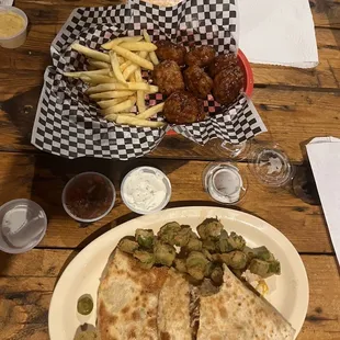 Chicken quesadilla, fried okra, &amp; boneless wings