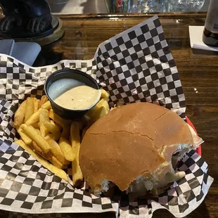 Kat Daddy's Smoked Chicken Sandwich with fries and white sauce