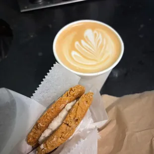 Oatmeal cream pie and latte