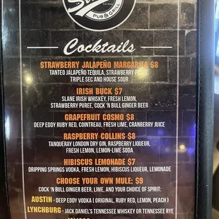 Cocktail menu