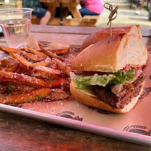 Burger with garlic fries