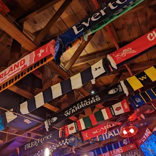 flags hanging from the ceiling