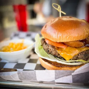 Cowboy burger with soup of the day side dish