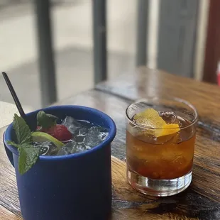 a drink and a bowl of ice