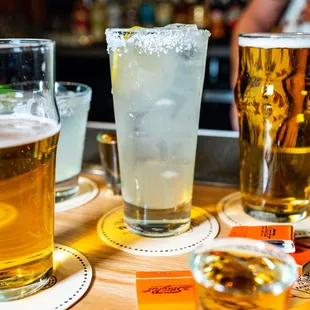 a variety of drinks on a table