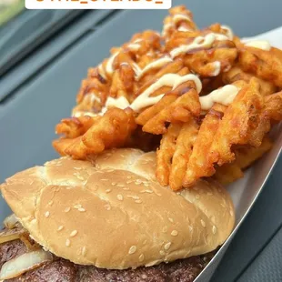 Smash burger combo with waffle fries.