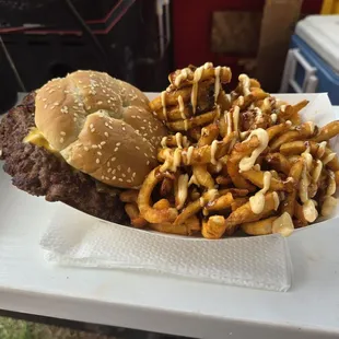 Steads Smashburger and waffle fries.