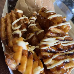 Waffle fries are yummy and plentiful