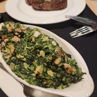 Creamed spinach with bacon and ribeye