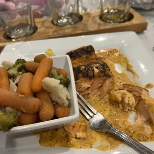 Salmon, vegetables, bourbon flight