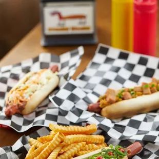 two hot dogs and french fries