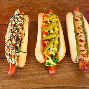 a row of hot dogs