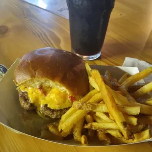Pimento burger with a side of fries and Grist House porter. Awesome.