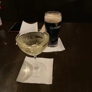 a glass of wine and a glass of beer
