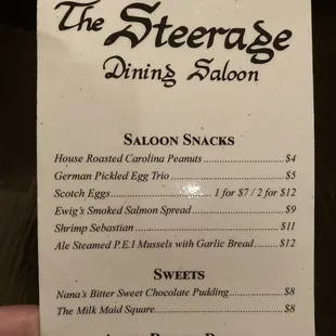 The Saloon snacks and sweets menu.