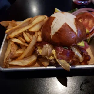 Beer cheese burger and stillery fries