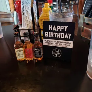 They gave me 3 travel bottles of liquor a coupon for next time and a oreo dessert bomb how awesome and generous