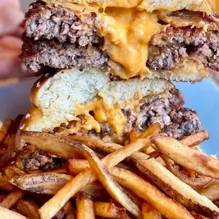 a cheeseburger and fries