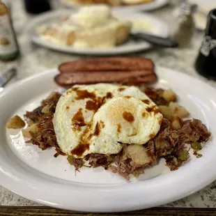 Corned Beef Hash &amp; Eggs with a side of German Sausage