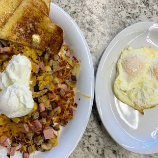 Matts Loaded Hash Brown Plate with a side of eggs