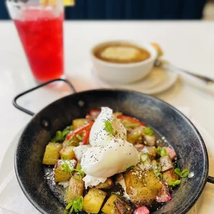 Potato Radish Hash (hibiscus Arnold Palmer and cup of French onion soup in the background)