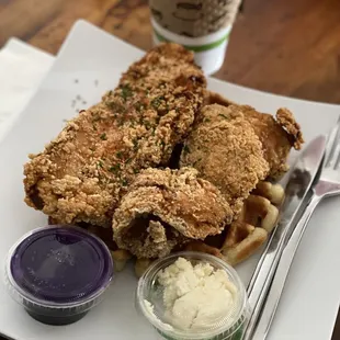 Chicken and Waffles with Ube syrup