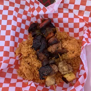Chicken kabob on cilantro rice