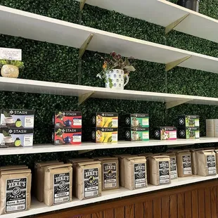 Wall of teas and coffee