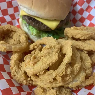 Cheese Burger with Homemade Onion Rings