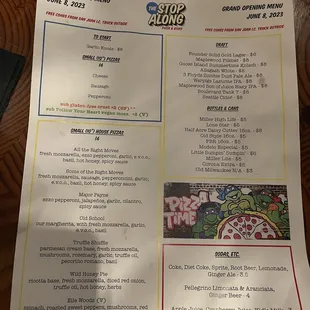 Opening Night Menu