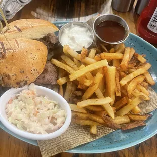 Brisket sandwich, fries and coleslaw