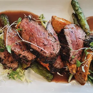 coffee-rub flank steak / patatas bravas, asparagus, bordelaise