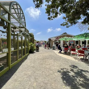 Strawberry Shack is to the right. Scary birds in a cage to the left.