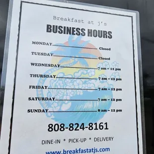 Hours of operation for Breakfast at J's