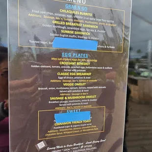 Menu for Breakfast at J's