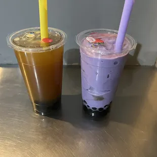 Taro boba smoothie and mango green tea