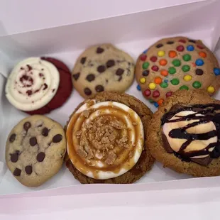 Top: Red velvet, chocolate chip, &amp; M&amp;M   Bottom: chocolate chip, New York caramel, and s&apos;mores