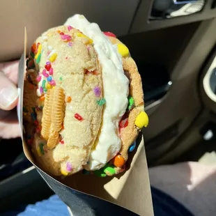 M&amp;Ms cookie and birthday cake with salted caramel peanut ice cream.
