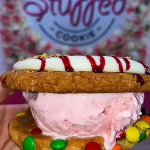Raspberry cheesecake cookie (top)  Strawberry ice cream  M&amp;m&apos;s cookie