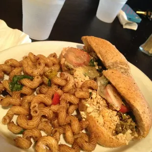 Mediterranean sandwich with a side if pasta salad!