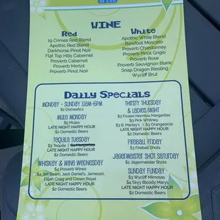 wine list &amp; specials