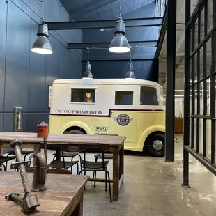 Stutz delivery vehicle inside the building