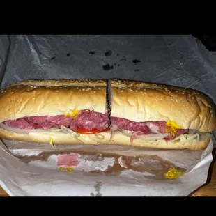 The combo (corn beef, roast beef, Swiss cheese).