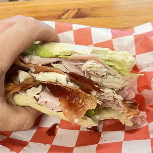 a hand holding a sandwich