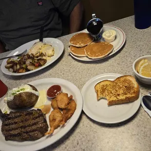 Tres Tres omelet and steak and fried shrimp dinner