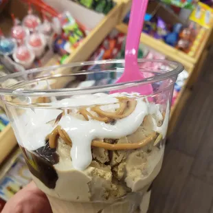 Coffee ice cream with marshmallow, peanut butter, and hot fudge