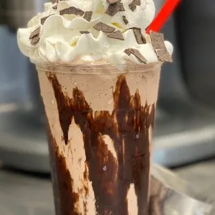 a chocolate milkshake with a cherry on top