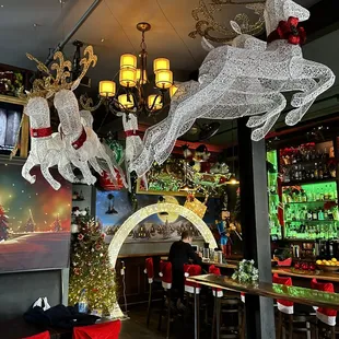 a restaurant decorated for christmas